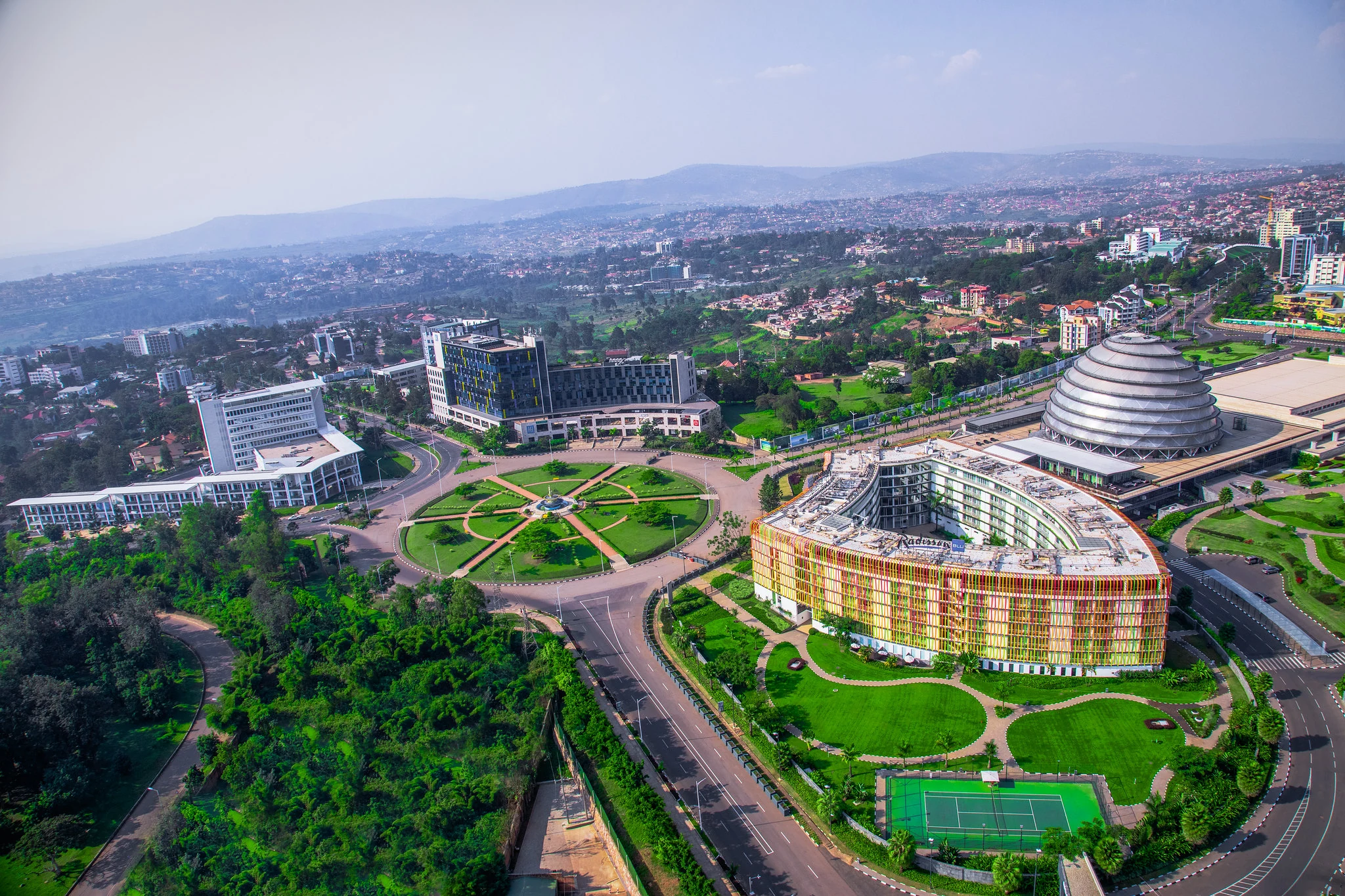 Aerial view of Kigali's skyline and Convention Centre