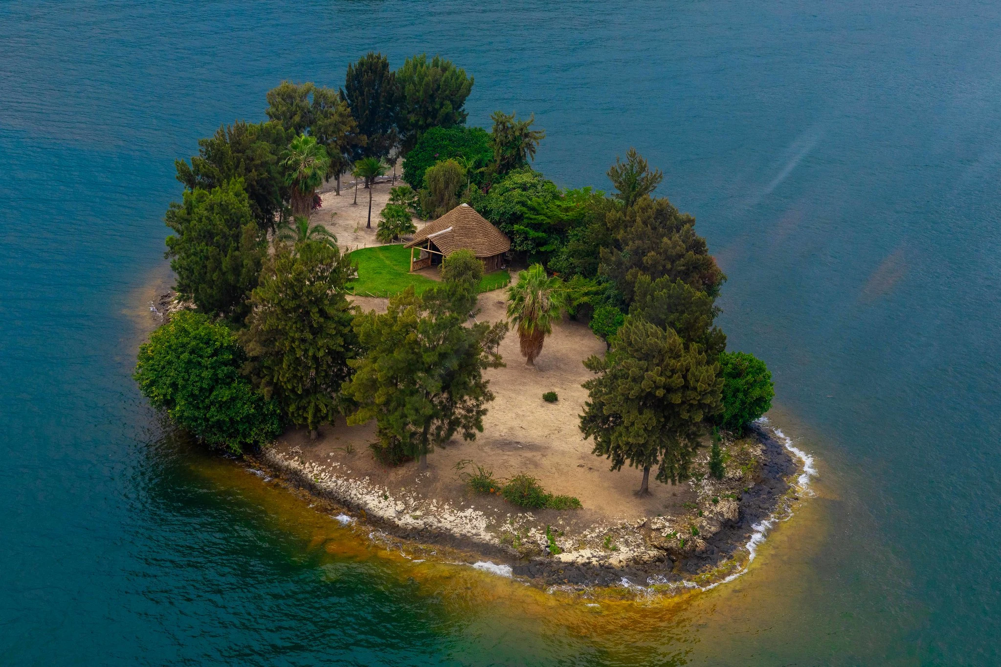 Aerial view of a private island retreat on Lake Kivu