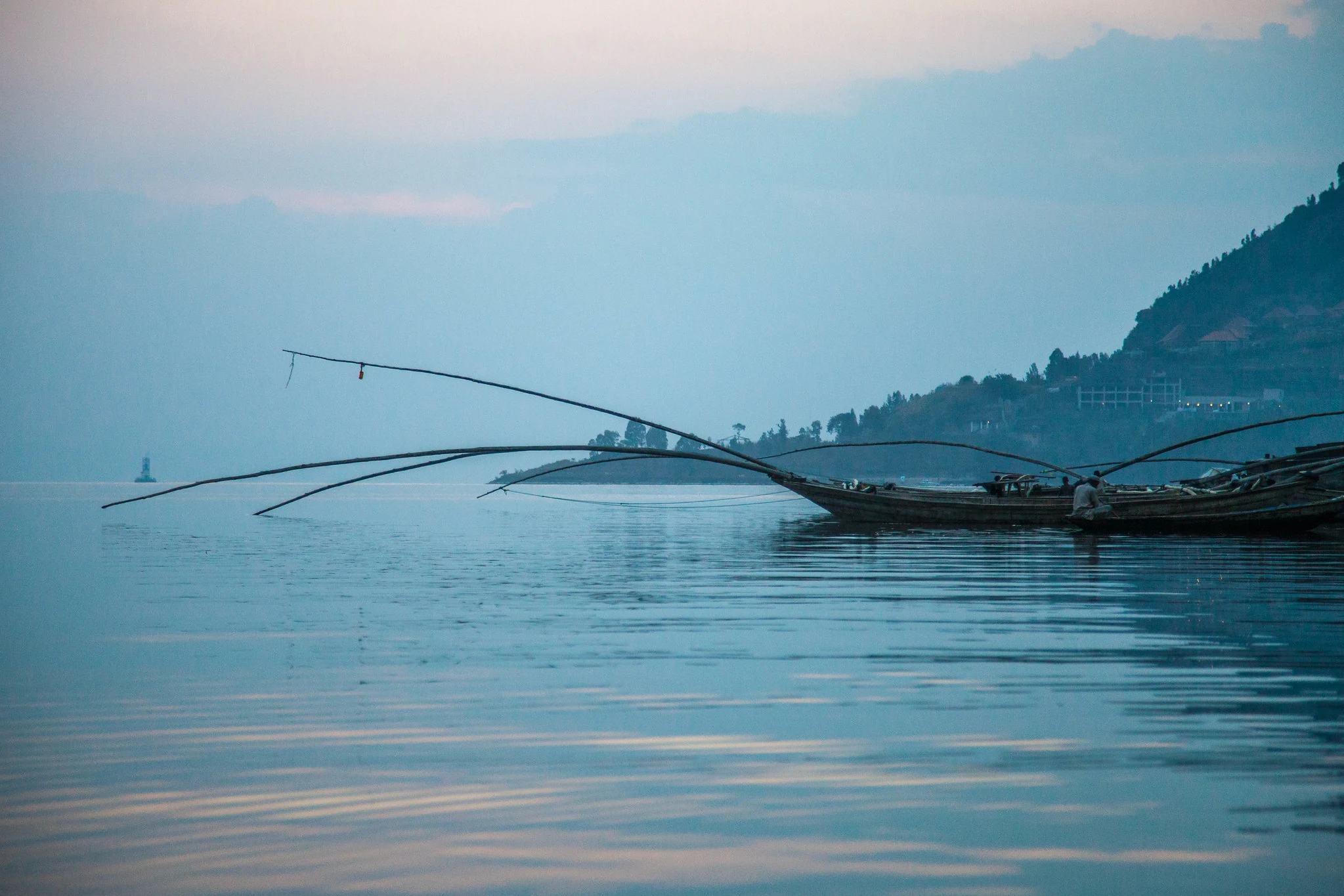 Traditional fishing boats moored on Lake Kivu