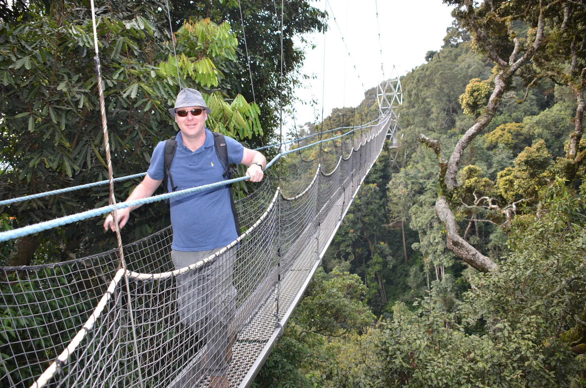 Visitor crossing the Nyungwe Forest canopy walkway